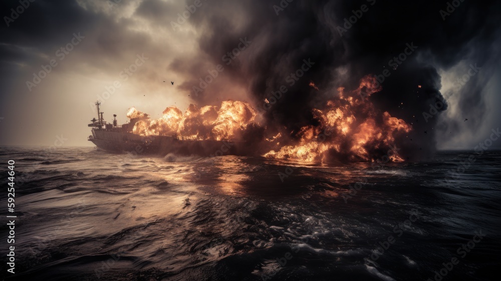 a tanker ship is on fire after an accident on the high seas. concept. Generative AI