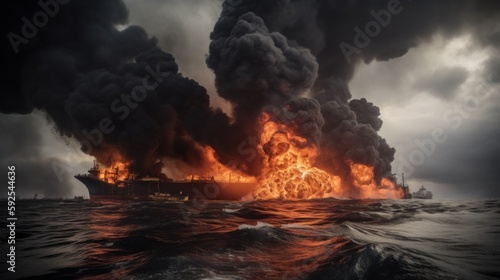 a tanker ship is on fire after an accident on the high seas. concept. Generative AI