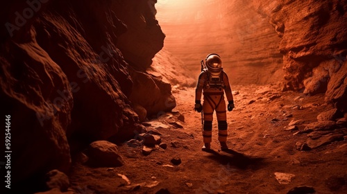 Exploring the Red Planet: Lone Astronaut on Mars. Mars colonization concept. Generative AI