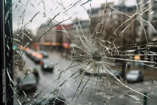 cracks in glass, with the view of a busy city street visible through the cracks, created with generative ai