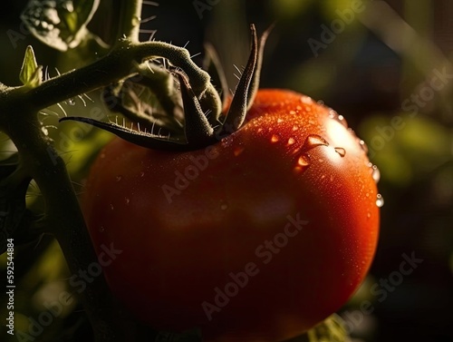 Closeup of Ripe Red Tomato and Glistening in Sun.