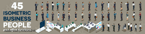 More 40 Isometric kit of 3D businessmen, businesswomen and office furniture. Front and back view