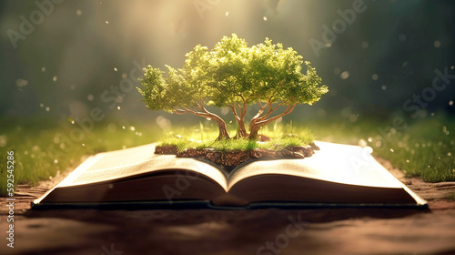 Concept : image with green tree growing from book, Book or tree of knowledge concept with tree growing from an old open book, Generative AI 