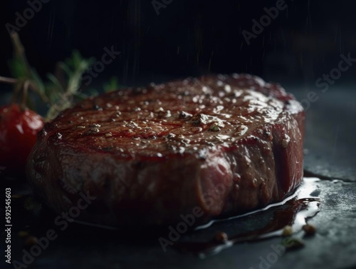 High Quality Photorealistic Image of Juicy Steak and Close-up.