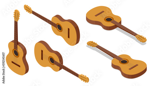 Isometric Classical Acoustic Six-String Guitar Isolated on White Background