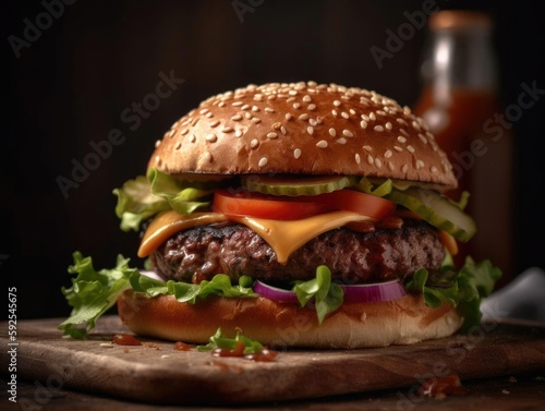 Juicy Burger and Fries Close-Up Image. Lighting Code: 87ed3e00-4435-4557-a620-b5aad407cc51