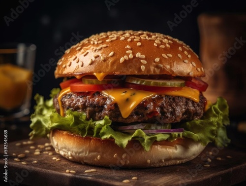 A Juicy Burger with Fries Close Up Image