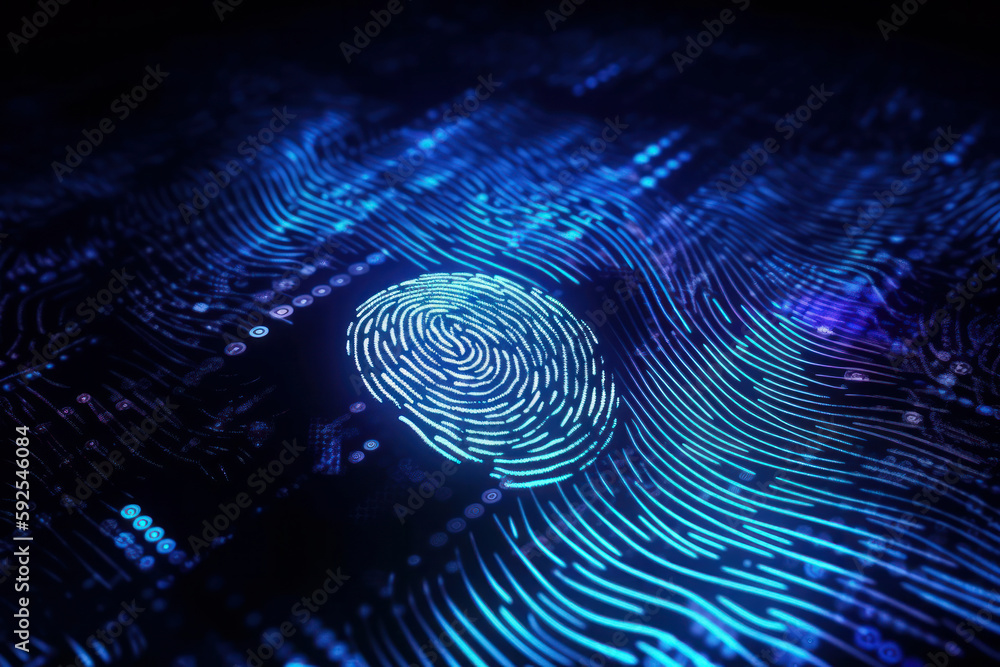 A unique fingerprint pattern in the dark with illuminated light. Biometrics for personal identification and privacy. Technology and science for digital and cyber surveillance. AI Generative. A unique fingerprint pattern in the dark with illuminated light. Biometrics for personal identification and privacy. Technology and science for digital and cyber surveillance. AI Generative.