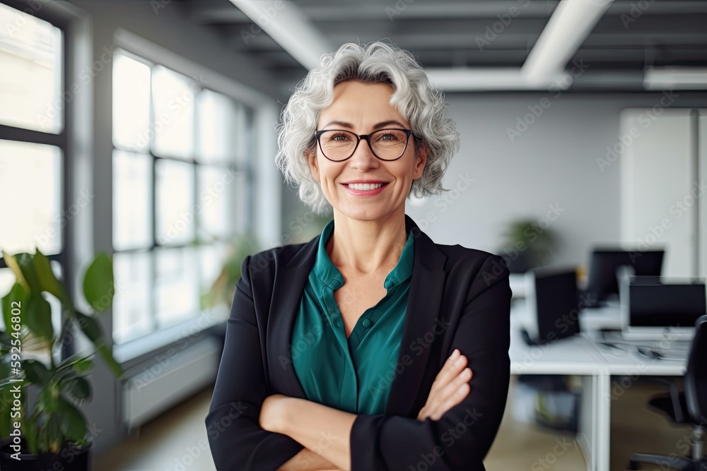 Mature businesswoman smiling in office. Photo generative AI Mature businesswoman smiling in office. Photo generative AI