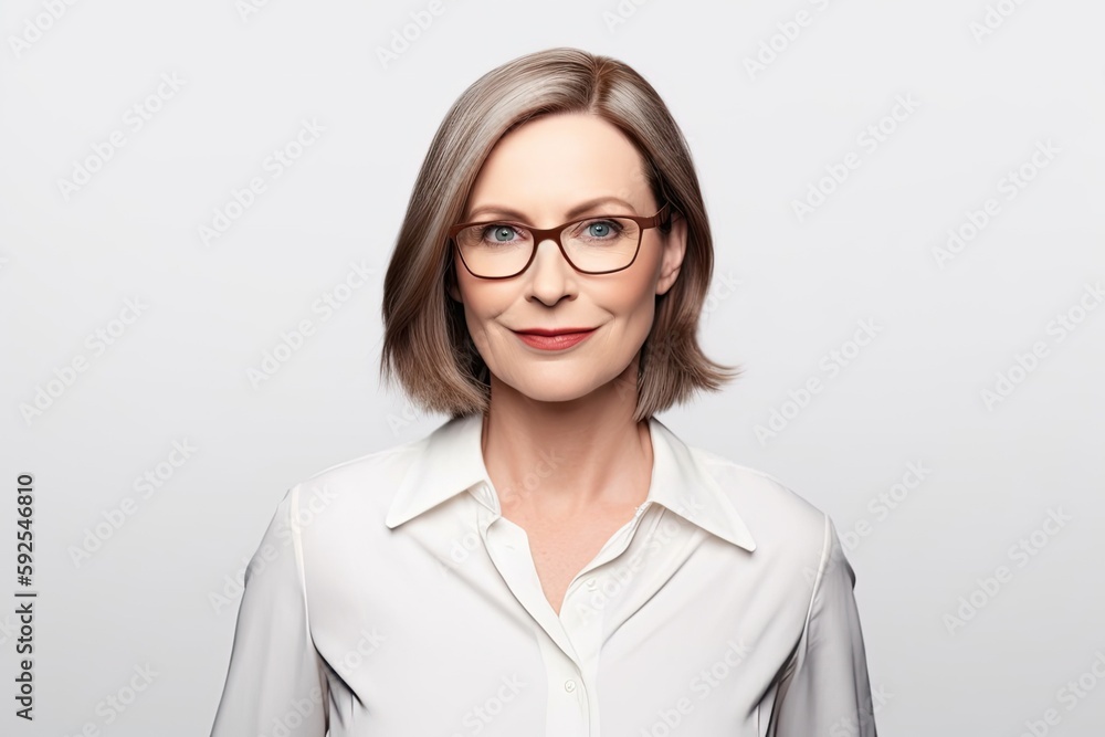 Mature Businesswoman Confidently Poses in Formals on White Background. Photo generative AI