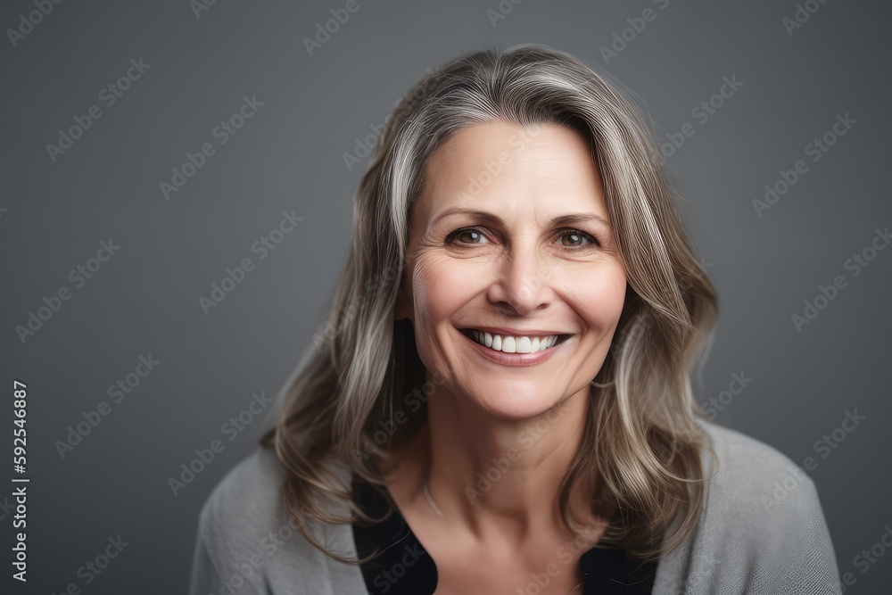 Mature Woman's Radiant Confidence in Gray Studio Portrait. Photo generative AI Mature Woman's Radiant Confidence in Gray Studio Portrait. Photo generative AI