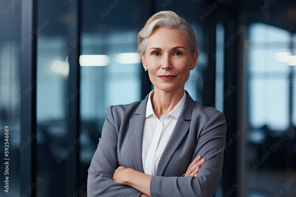Confident mature bizwoman in modern office: Behold her empire. Photo generative AI Confident mature bizwoman in modern office: Behold her empire. Photo generative AI