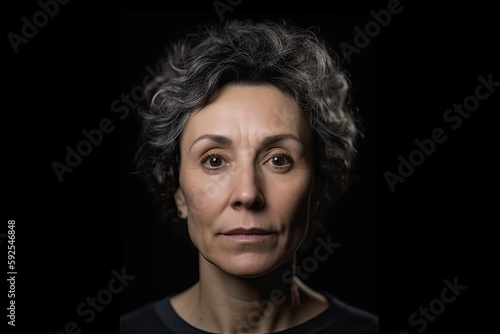 Mature woman close-up portrait, blank expression, short curly hair, staring at camera on black background. Photo generative AI