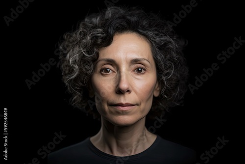 Mature woman close-up portrait, blank expression, short curly hair, staring at camera on black background. Photo generative AI photo