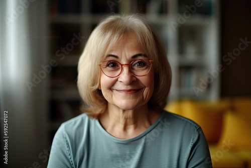 Smiling senior woman at home portrait. Photo generative AI