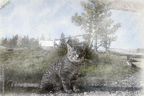 Watercolor of a cat in the meadow