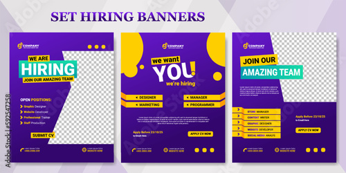 We are hiring job vacancy social media post banner design template on yellow color. We are hiring job vacancy square web banner design. Editable text