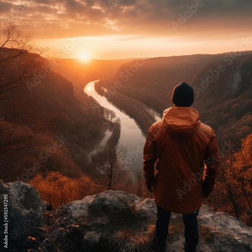 Young Man on Cliff Overlooking Valley with Stunning View.