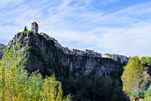 Views of the town of Castellfollit de la Roca, settled on a basaltic cliff in the region of La Garrotxa, Girona, Catalonia