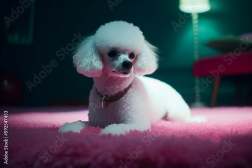 Beautiful white Poodle dog in a pink room