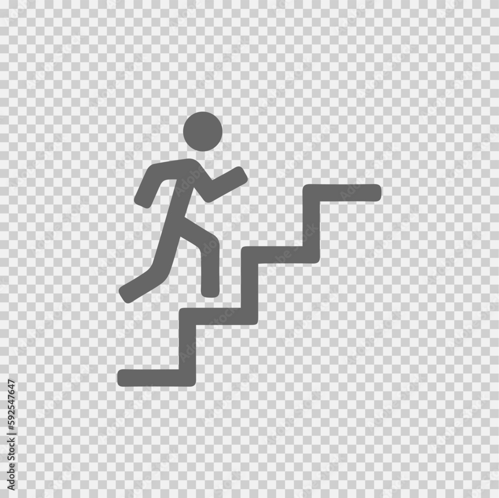 Man on stairs going up icon on grey background. Success symbol. Promotion vector.