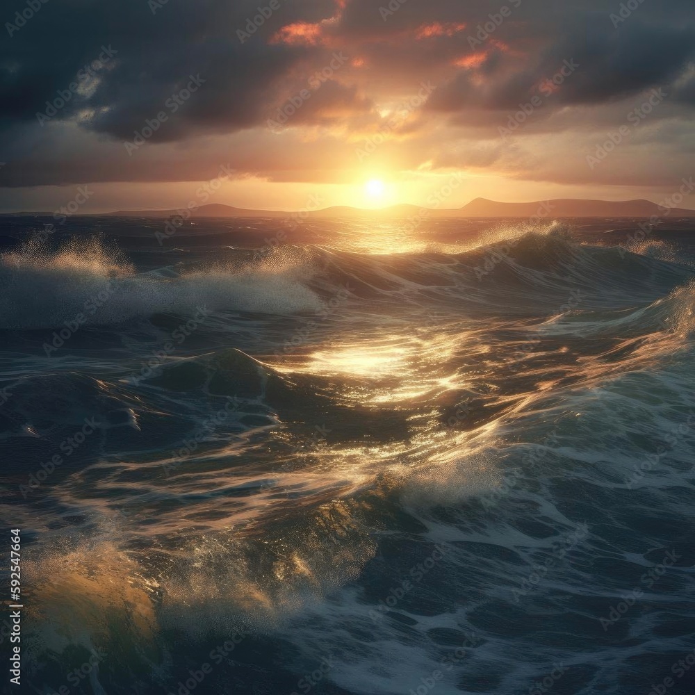 Realistic Sunset Ocean Image.