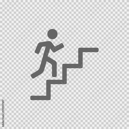 Man on stairs going up icon on grey background. Success symbol. Promotion vector.