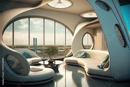 Futuristic modern living room interior design with sofas (Generative AI) © Robert Kneschke
