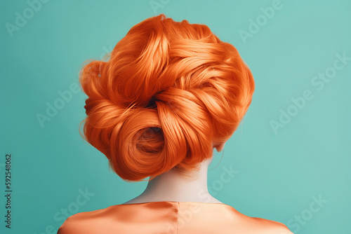 Bright orange colored hair in elegant updo hairstyle. 