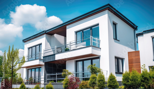 Illustration of modern German apartment house with balconies and garden (Generative AI)