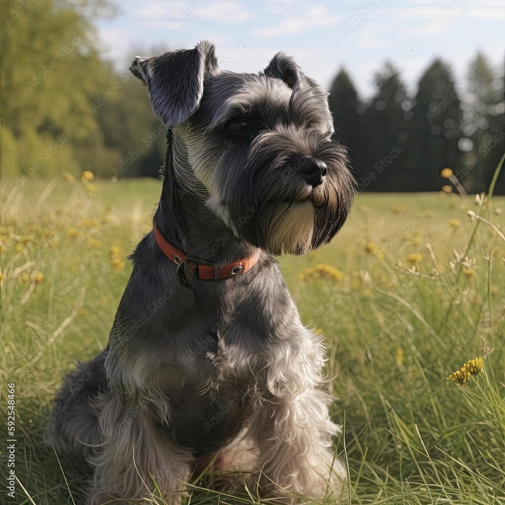 Small Schnauzer Dog in Grass Field Image.