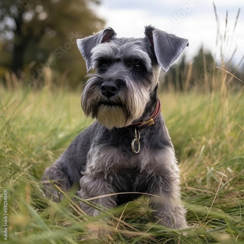 Small Schnauzer dog in grassy field image.