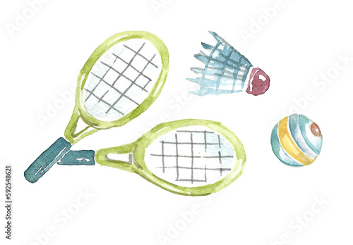The concept of summer holidays and entertainment. Set for badminton rackets, shuttlecock and ball. Hand drawn watercolor illustration isolated on white background