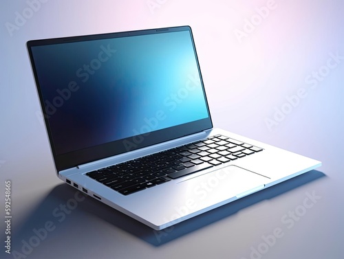 Fototapeta Naklejka Na Ścianę i Meble -  White laptop with blue screen on white background.