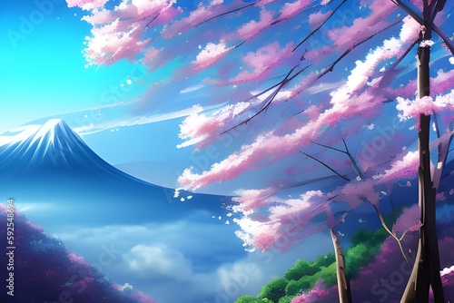 Cherry blossoms, blue sky and white clouds. Royalty high-quality free stock of Japan anime scenery wallpaper featuring beautiful pink cherry trees and Mount Fuji in the background. Generative AI