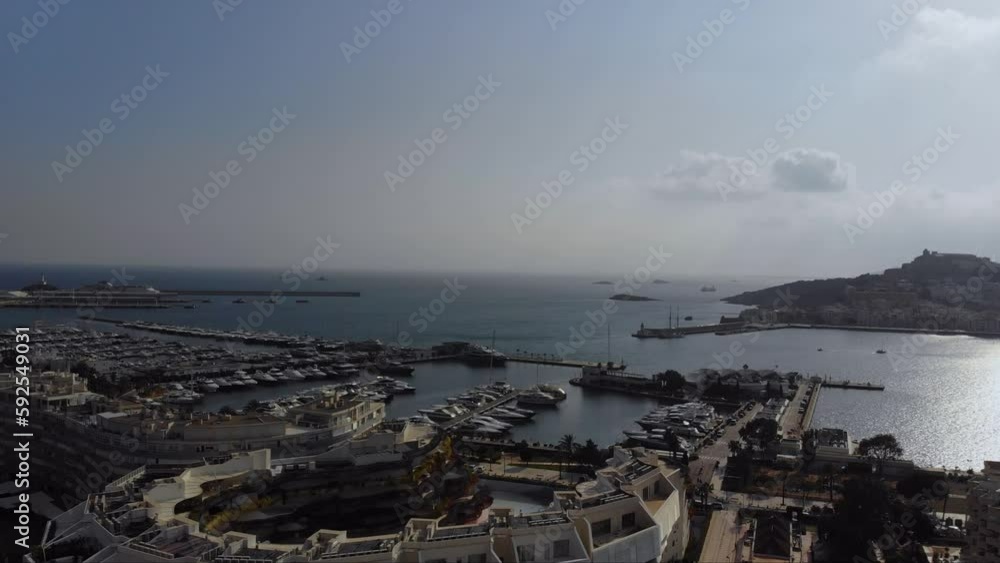 Drone rising at the marina by Ibiza town. Drone rising at the marina by Ibiza town.