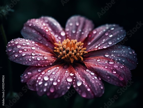 A close-up of a blooming flower with dew drops on its petals