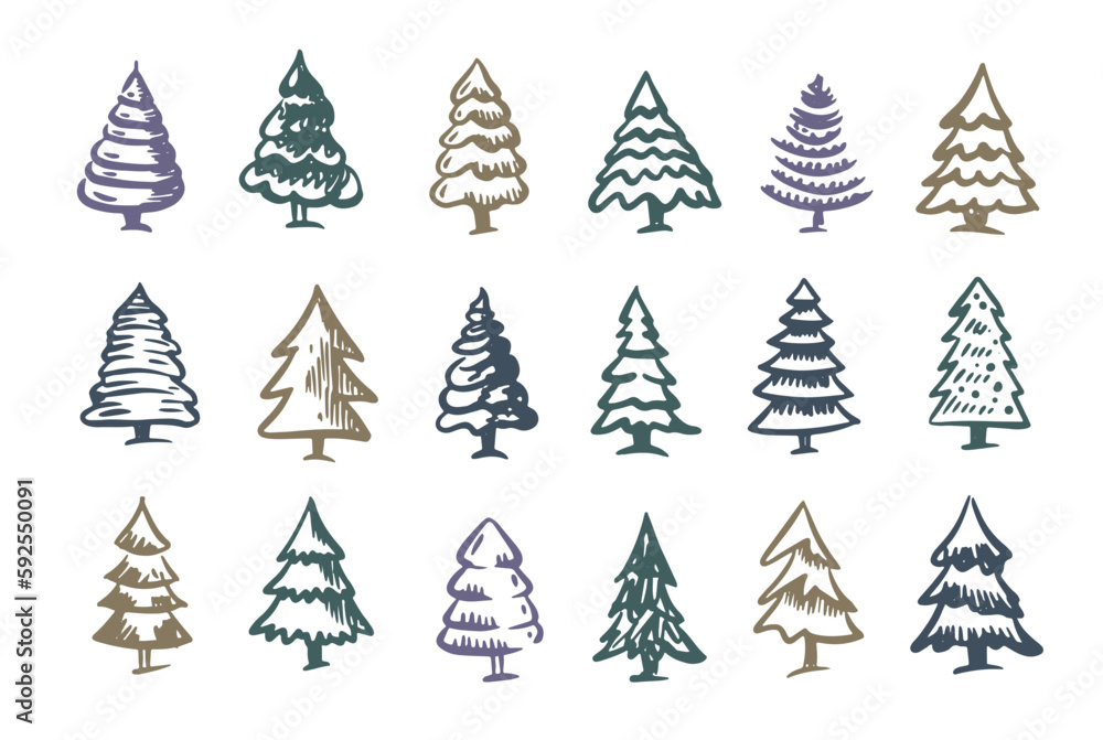 Christmas tree set, Hand drawn illustrations.
Christmas tree set, Hand drawn illustrations.