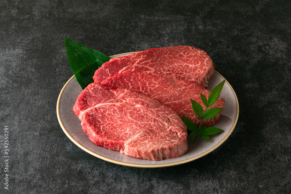 灰色の皿盛り　黒毛和牛ヒレステーキ beef tenderloin steak