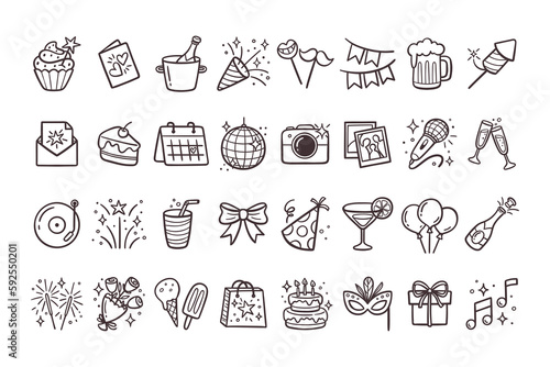 Party icon collection. Doodle cliparts isolated on white background. Cute hand-drawn vector icons. Birthday, parties and celebration events.
