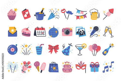 Party icon collection. Colorful cliparts isolated on white background. Cute hand-drawn vector icons. Birthday, parties and celebration events.
