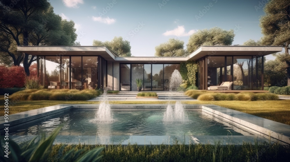  4K Ultra-HD Render: Jaw-Dropping Facade of a Stylish Single-Floor Residence Generative Ai