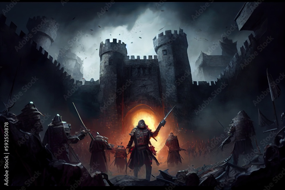 storming medieval fortress under siege by dark army of zombies, created ...