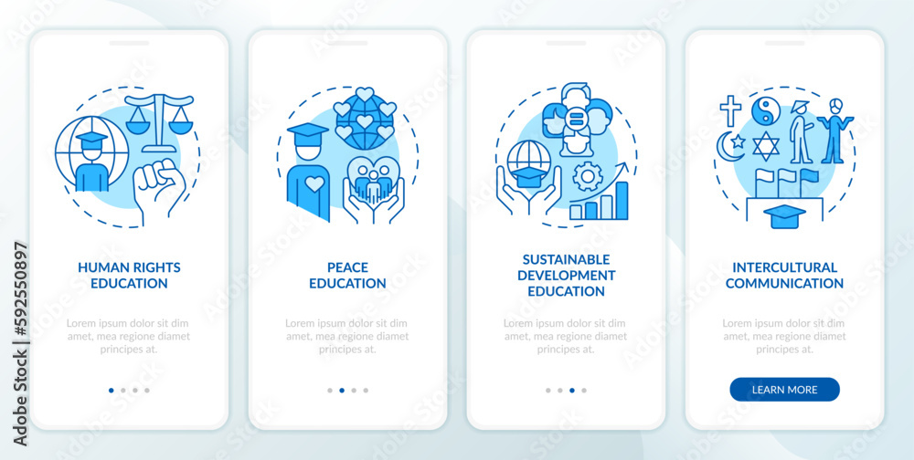 GCED experiences from blue onboarding mobile app screen. Disciplines walkthrough 4 steps editable graphic instructions with linear concepts. UI, UX, GUI template. Myriad Pro-Bold, Regular fonts used