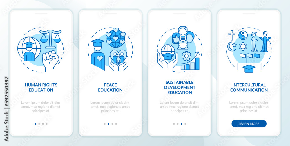 GCED experiences from blue onboarding mobile app screen. Disciplines walkthrough 4 steps editable graphic instructions with linear concepts. UI, UX, GUI template. Myriad Pro-Bold, Regular fonts used GCED experiences from blue onboarding mobile app screen. Disciplines walkthrough 4 steps editable graphic instructions with linear concepts. UI, UX, GUI template. Myriad Pro-Bold, Regular fonts used