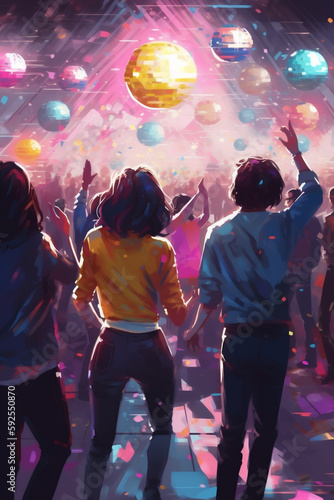 tanzende Menschen in einer Disco Location hochformat. Party Event Veranstaltung. Digital Painting. Generative Ai.