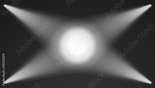 Four white searchlights top view. Cone lights from bottom with darkened edges. Volumetric spotlight effect on dark background. Empty studio or concert scene. 3d rendering.