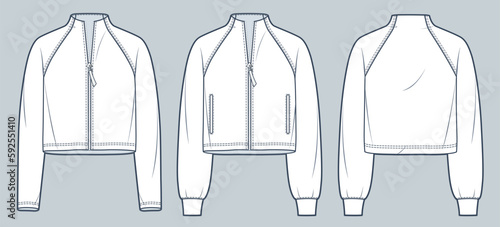 Raglan Sleeve Sweatshirt technical fashion illustration. Cropped Shirt fashion flat technical drawing template, zip-up, pocket, front and back view, white, women, men, unisex CAD mockup set.