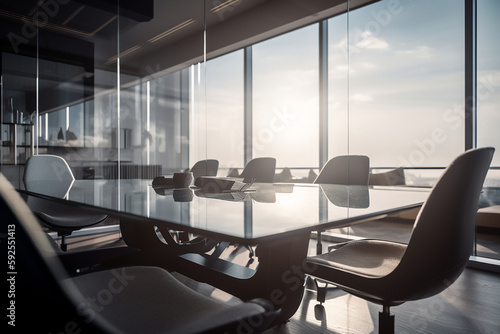 Close up of conference room with the table, armchairs and a large window. Generative AI