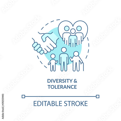 Diversity and tolerance turquoise concept icon. GCED issue. Multiculturalism abstract idea thin line illustration. Isolated outline drawing. Editable stroke. Arial, Myriad Pro-Bold fonts used